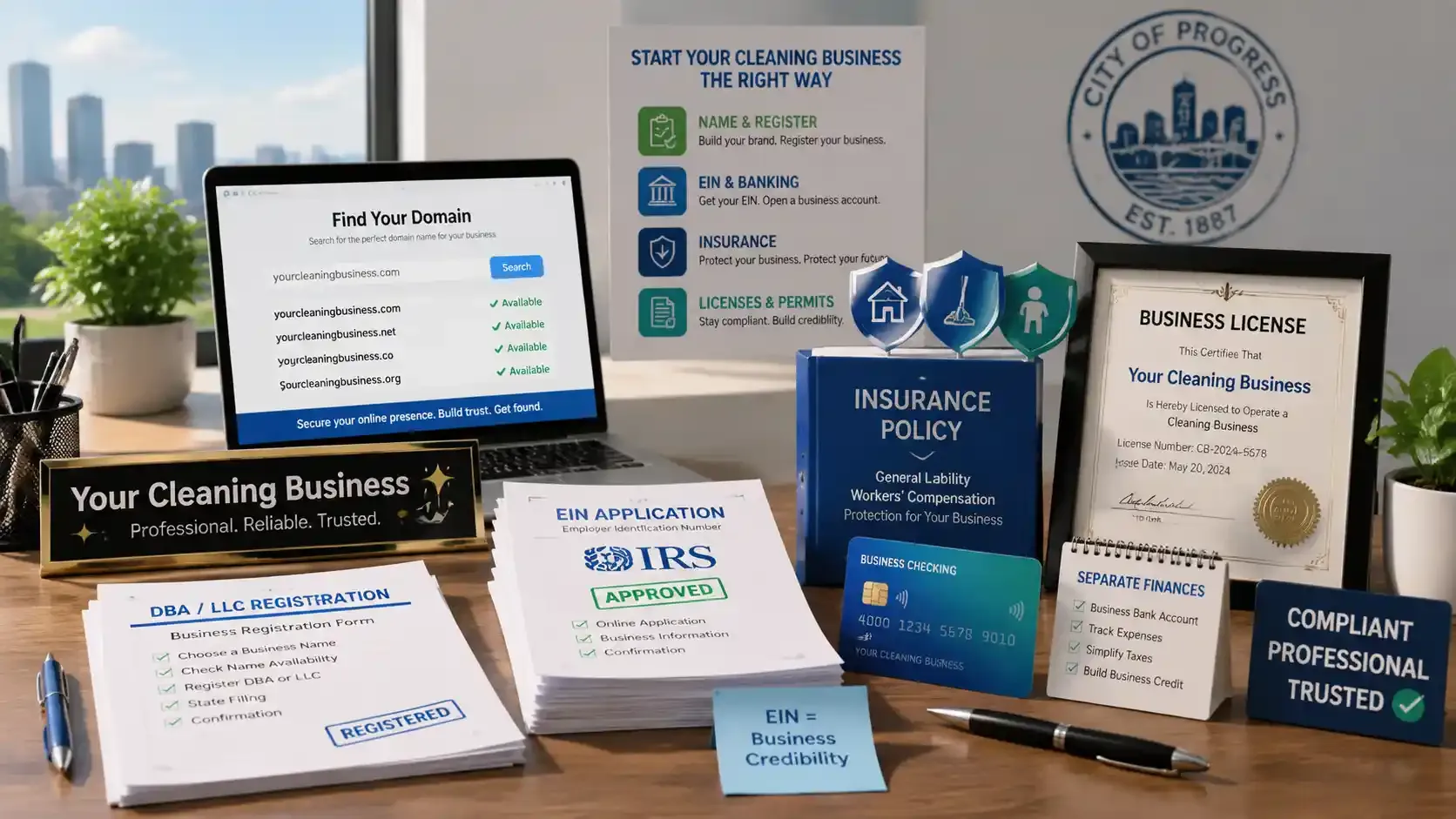 Realistic office desk showing cleaning business registration, EIN, insurance, licenses.